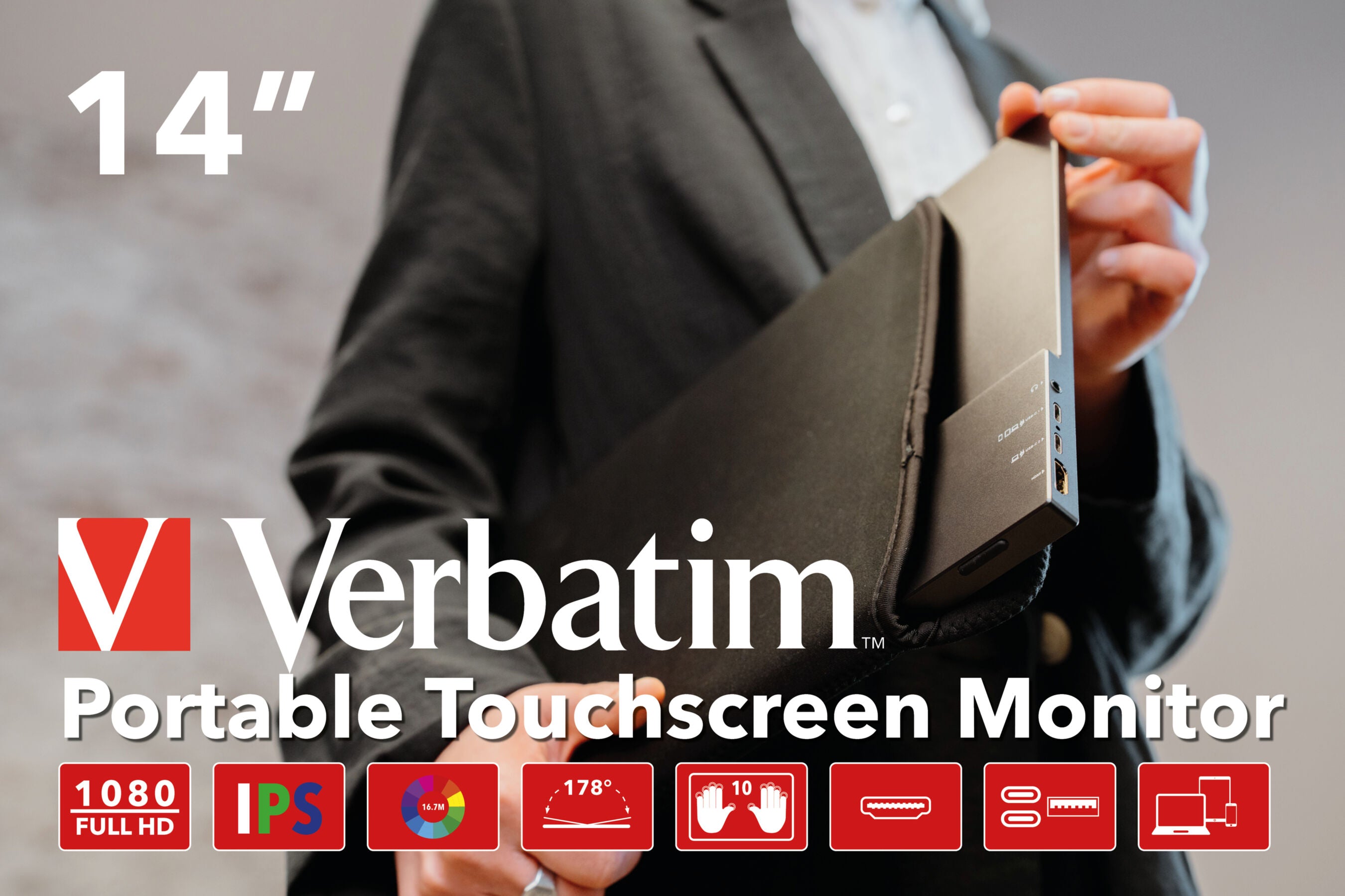TFT Verbatim PMT-14, Portable Touchscreen Monitor 35,60cm (14), HDMI,2xUSB-C,SP 49591