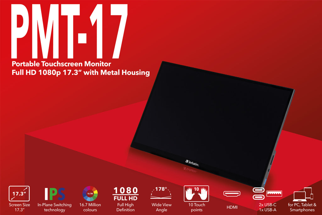 TFT Verbatim PMT-17, Portable Touchscreen Monitor 43,90cm (17,3), HDMI,2xUSB-C,SP 49593